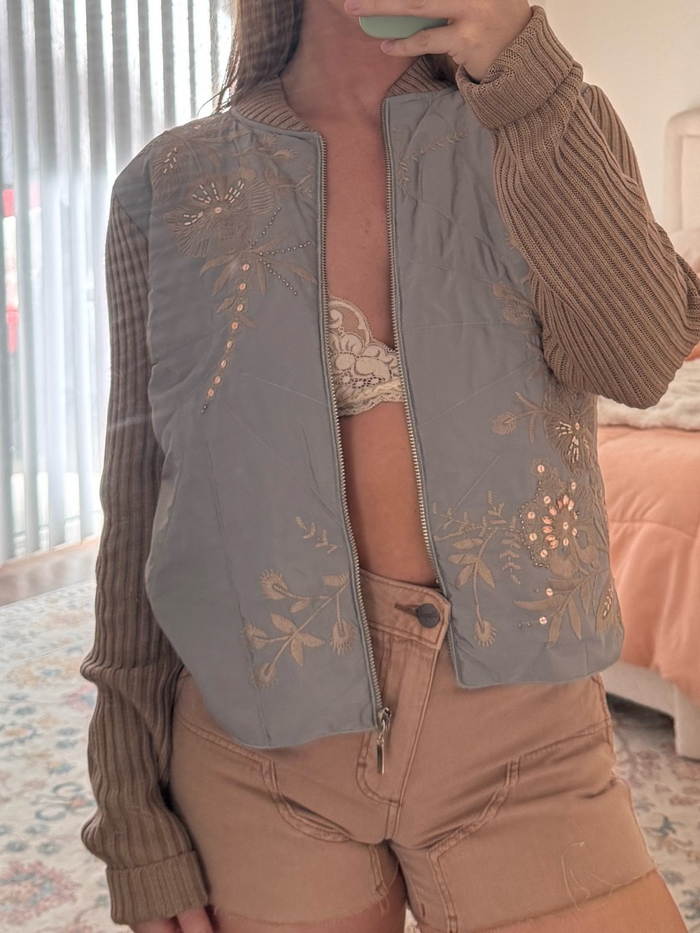 Sundance Embroidered Bomber Jacket in Gray and Taupe